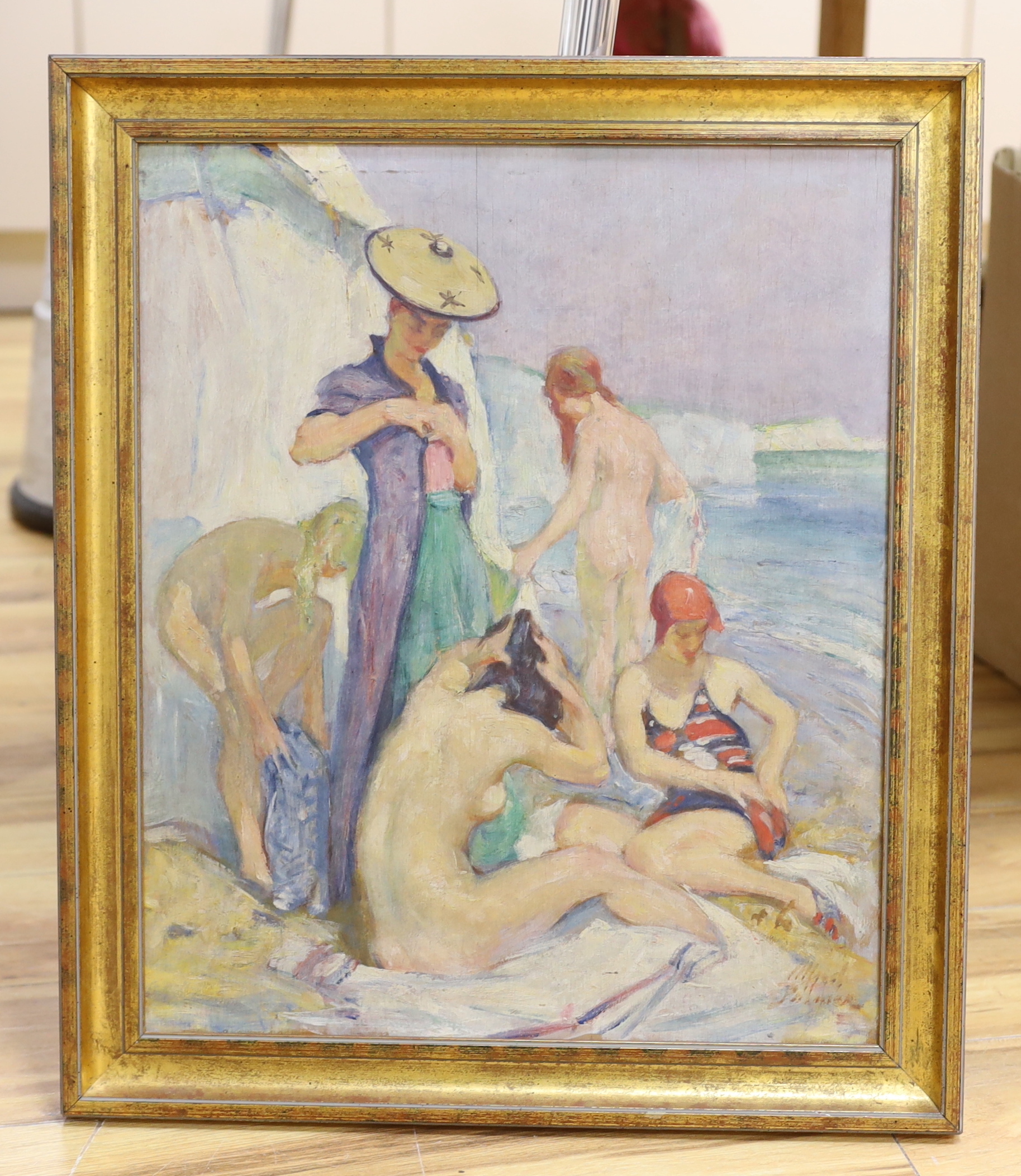 Alfred Palmer (1877-1951), oil on board, Female bathers, signed, 45 x 37cm